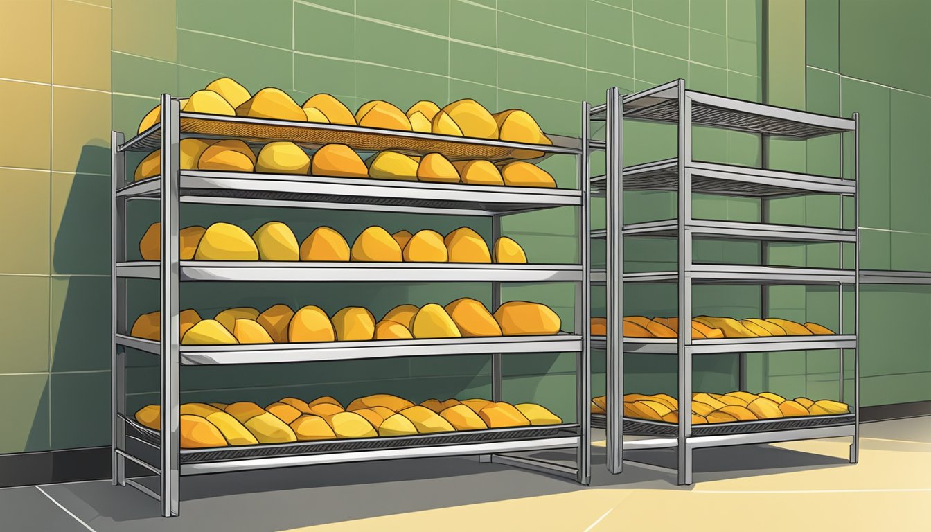 Slices of mango arranged on wire racks inside a warm oven, with the door slightly ajar to allow for air circulation