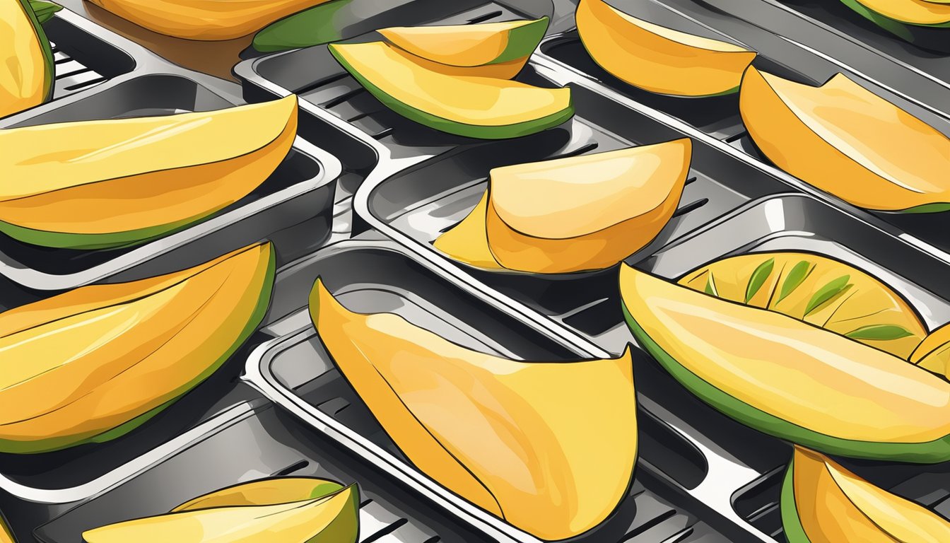 Fresh mango slices arranged on air fryer trays, ready for dehydration