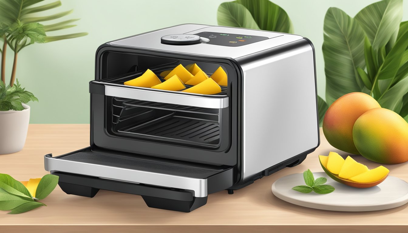 Fresh mango slices spread out on air fryer tray, with machine set to low heat