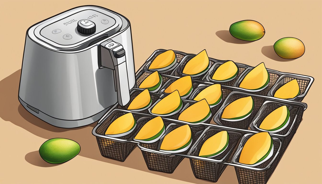 Fresh mango slices arranged in a single layer inside an air fryer basket, with the machine set to a low temperature for dehydration