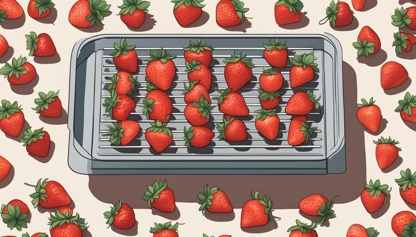 Fresh strawberries laid out on a dehydrator tray, ready to be dried. A bowl of whole strawberries sits nearby