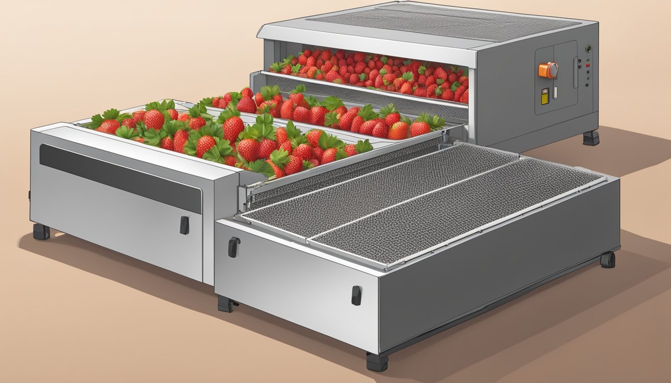 Fresh strawberries laid out on dehydrator trays, with the machine turned on and the warm air circulating around the fruit