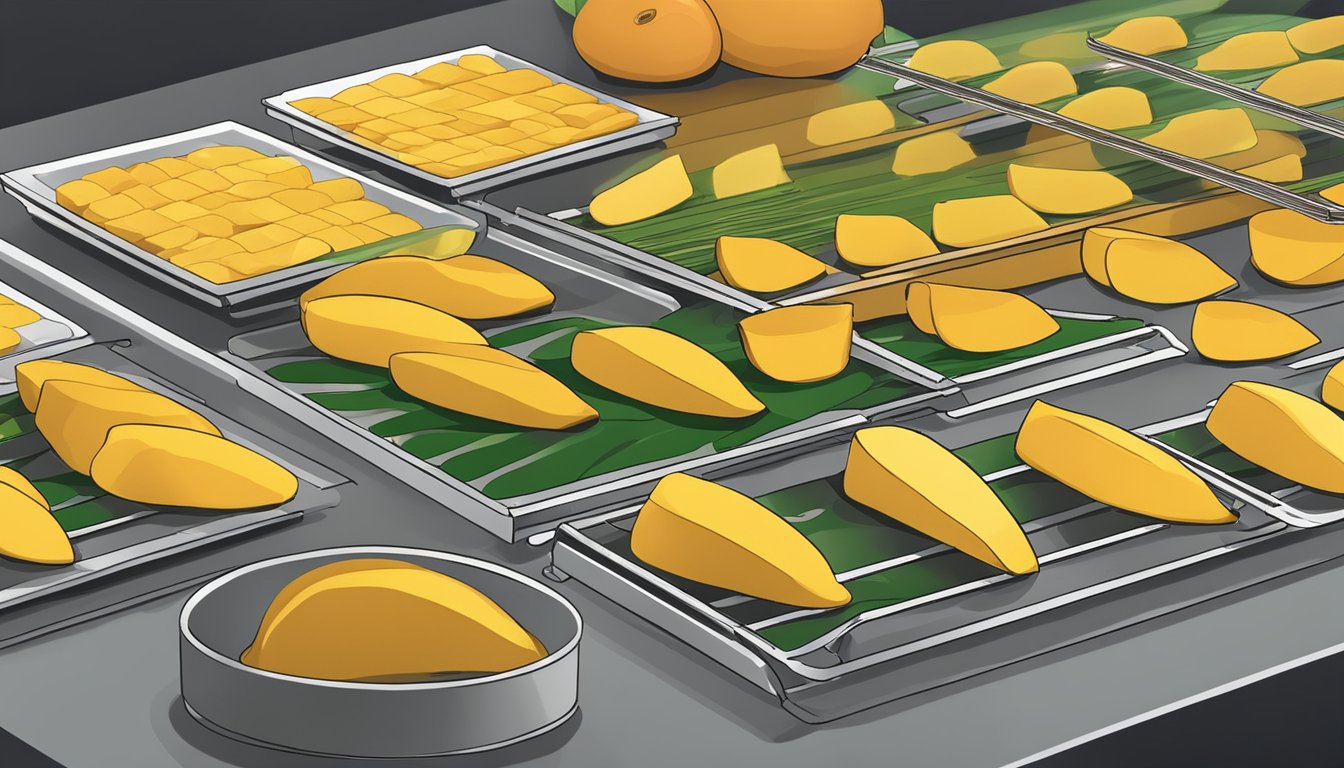 Fresh mangoes being sliced into thin strips and arranged on dehydrator trays. Nutritional information and health considerations displayed nearby