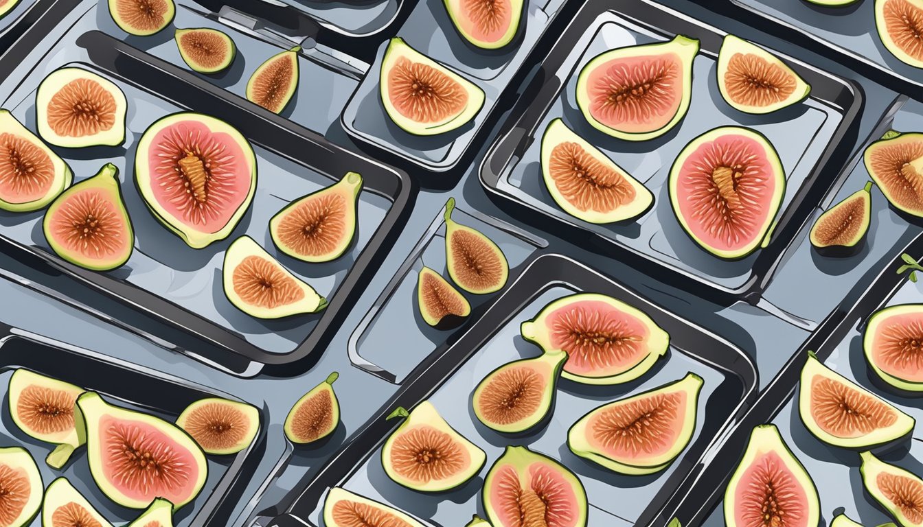 Fresh figs arranged on the air fryer tray, with the air fryer set to the dehydrate function