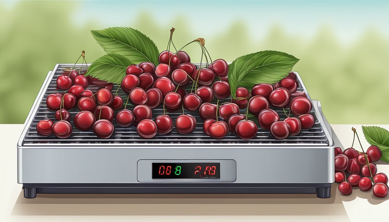 Fresh cherries arranged on a dehydrator tray, with the machine set to the appropriate temperature and time for the dehydration process