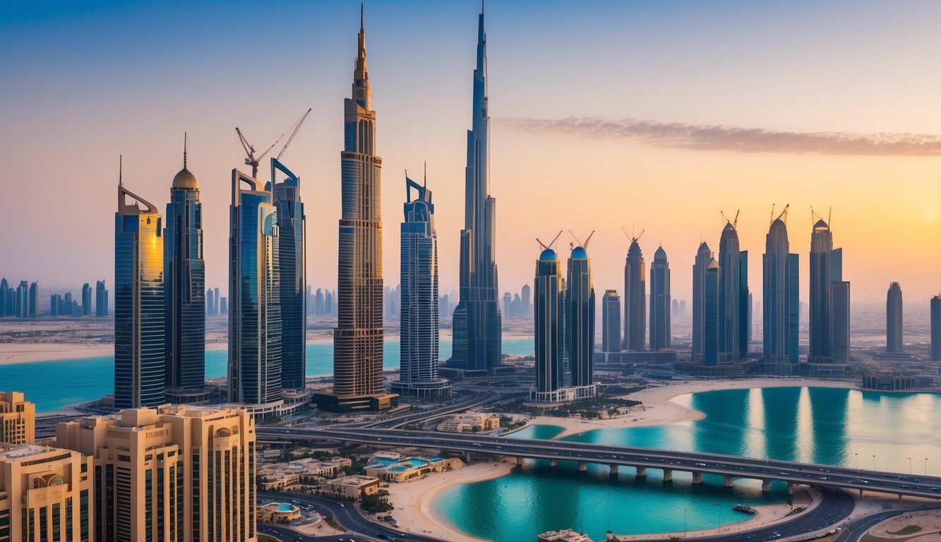 A bustling Dubai cityscape with prominent gold market, financial charts, and a growing economy