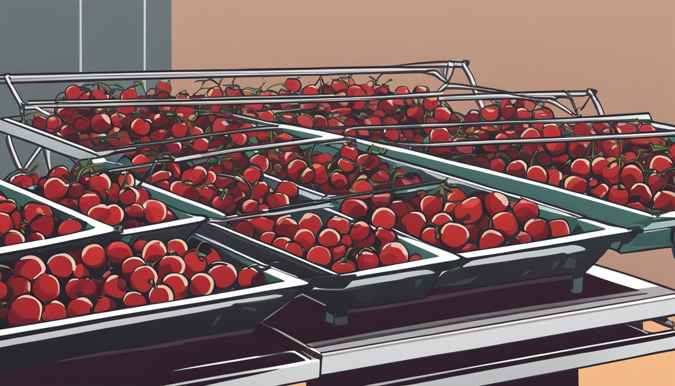 Fresh cherries laid out on a wire rack, with a dehydrator in the background. A bowl of pitted cherries sits nearby