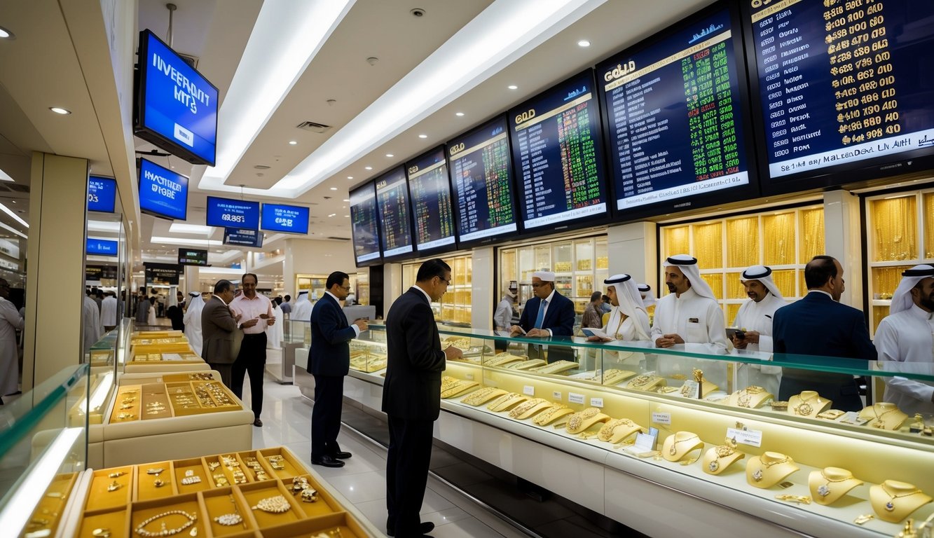 A bustling Dubai market with gold jewelry shops, a large electronic display showing current gold rates, and people discussing investment strategies