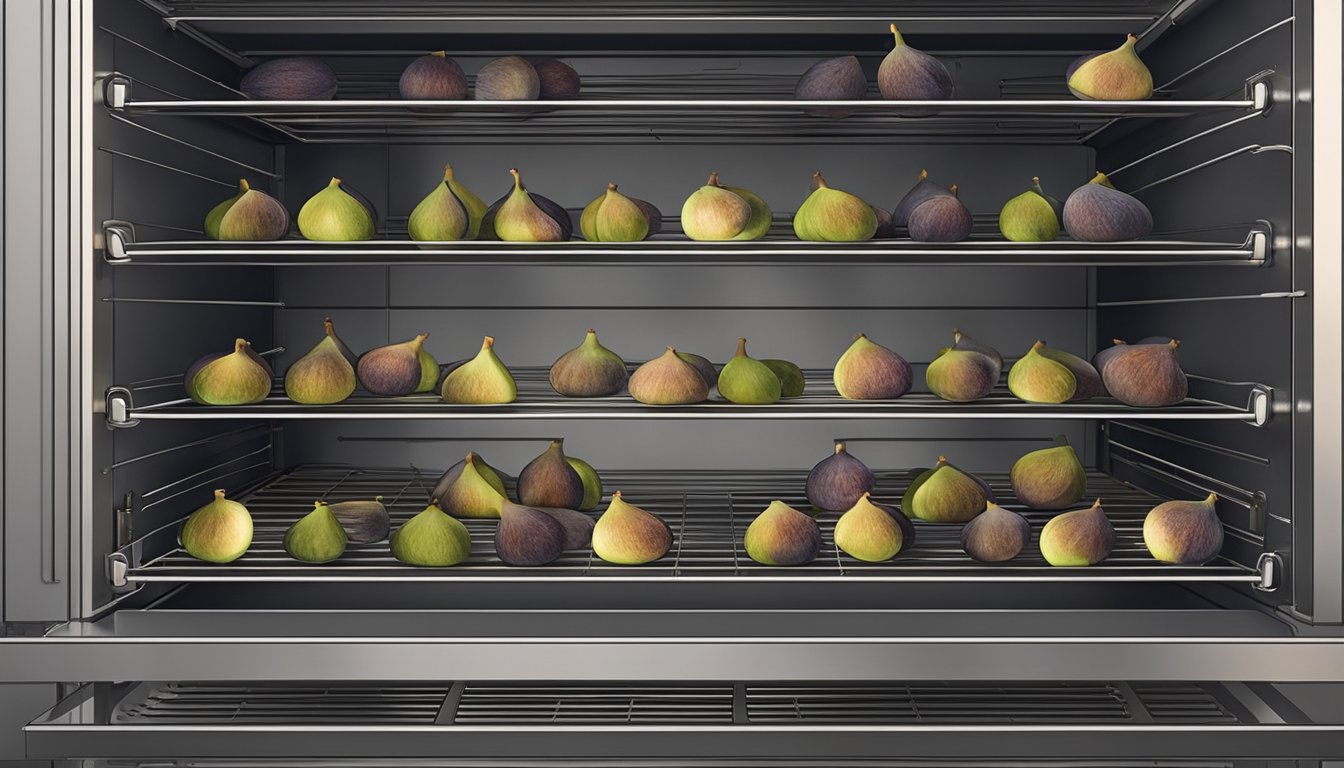 Whole figs arranged on wire racks in an oven, with the door slightly ajar and warm air circulating around them