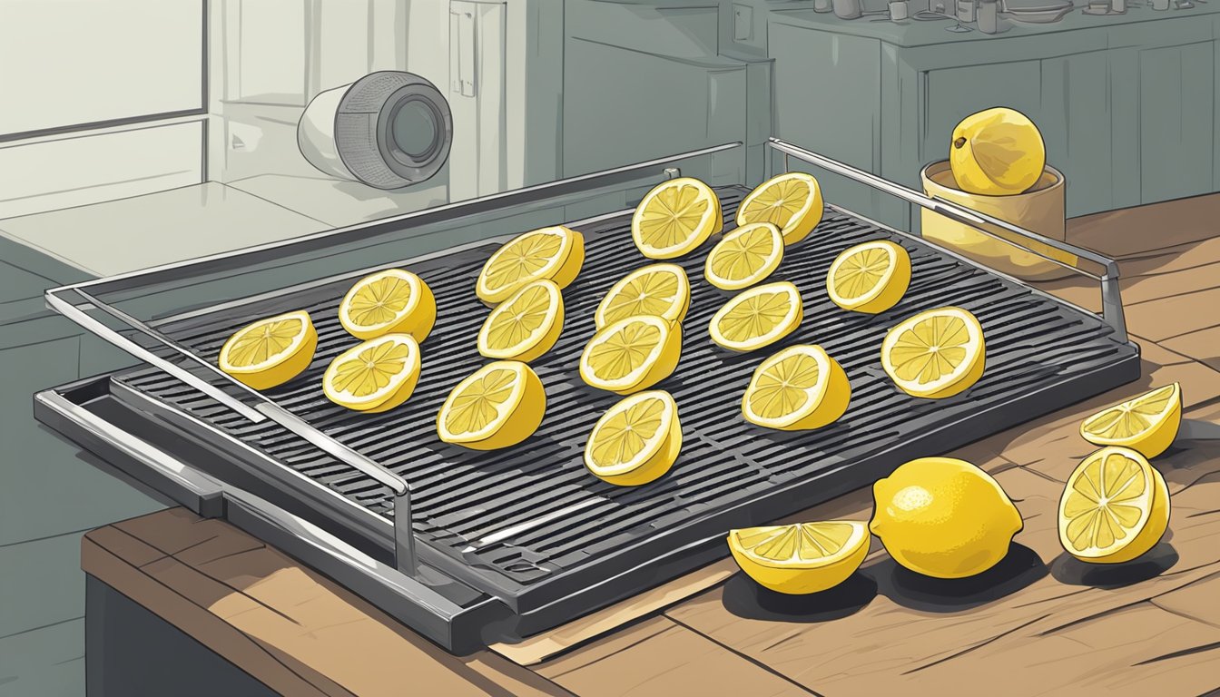 Fresh lemons being sliced into thin rounds, arranged on a dehydrator tray, and set to dry under warm, even heat