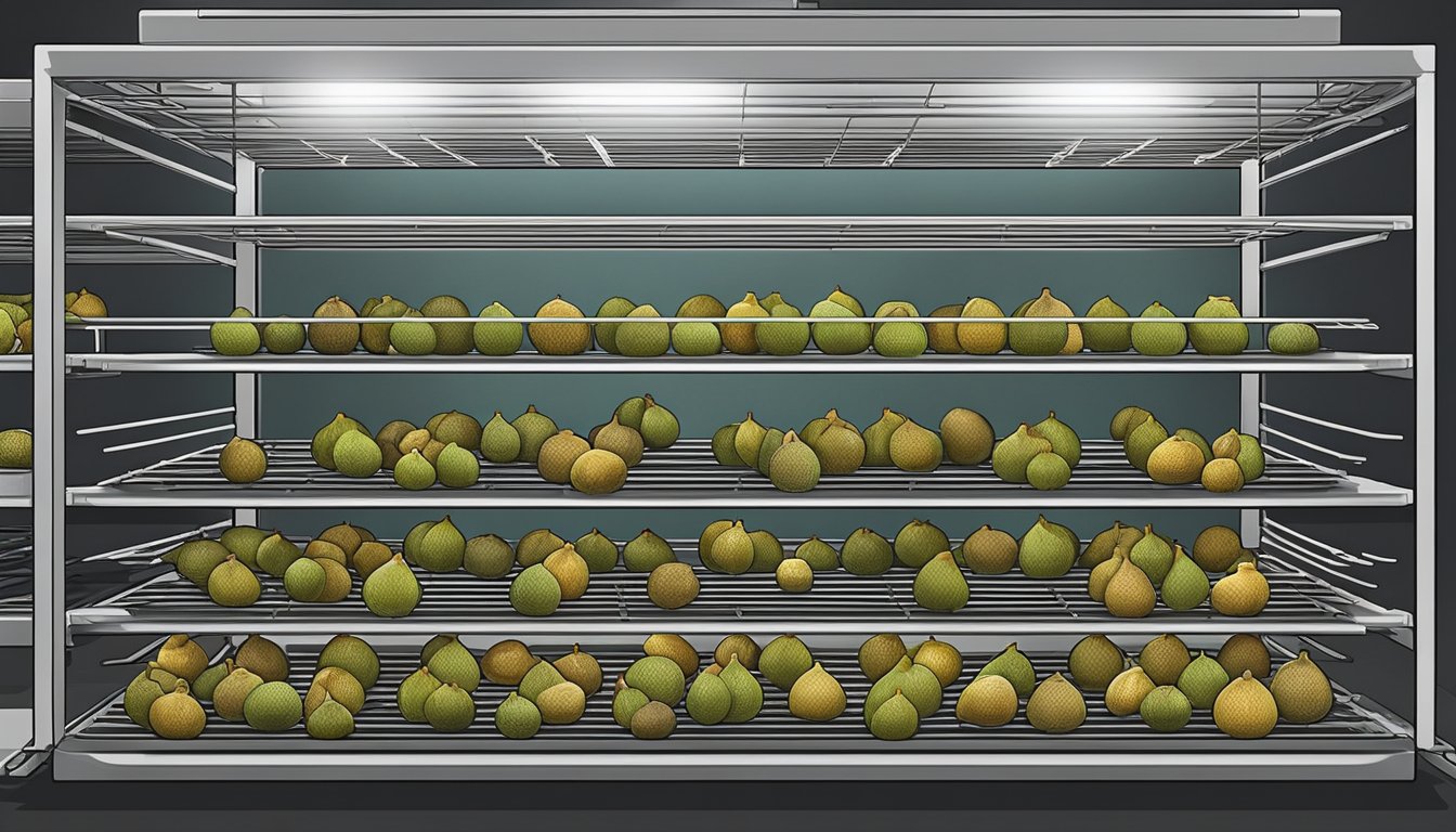 Fresh figs arranged on wire racks inside a preheated oven, with warm air circulating to dehydrate them for preservation