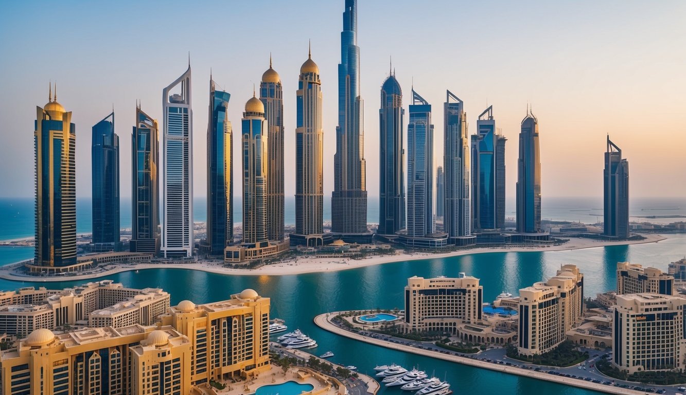 A panoramic view of the Dubai skyline with prominent gold markets and financial institutions, showcasing the city's economic prowess and its significance in the global gold trade