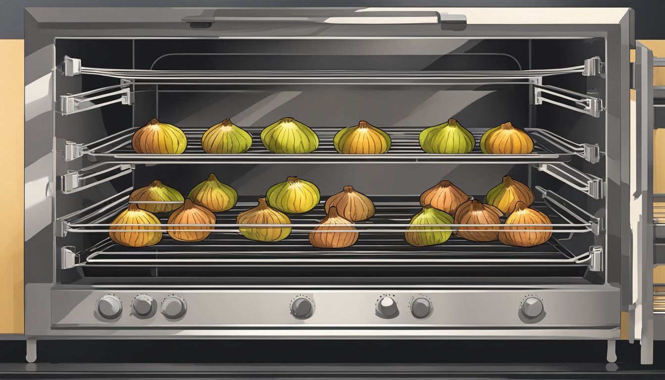 A tray of sliced figs arranged on a wire rack inside a hot oven. The oven door is slightly ajar, with warm air circulating around the figs