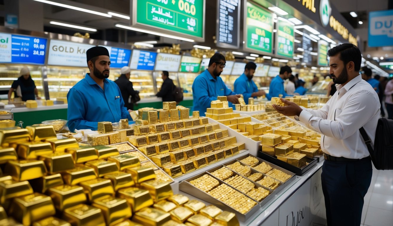 A bustling Dubai gold market with traders and customers, showcasing various gold products and prices, reflecting the current gold rate dynamics