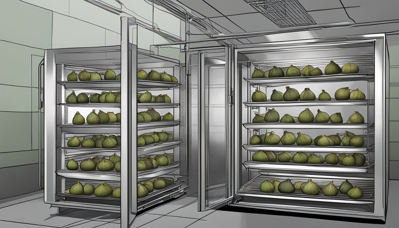 Fresh figs arranged on wire racks inside a preheated oven, with the door slightly ajar to allow for air circulation