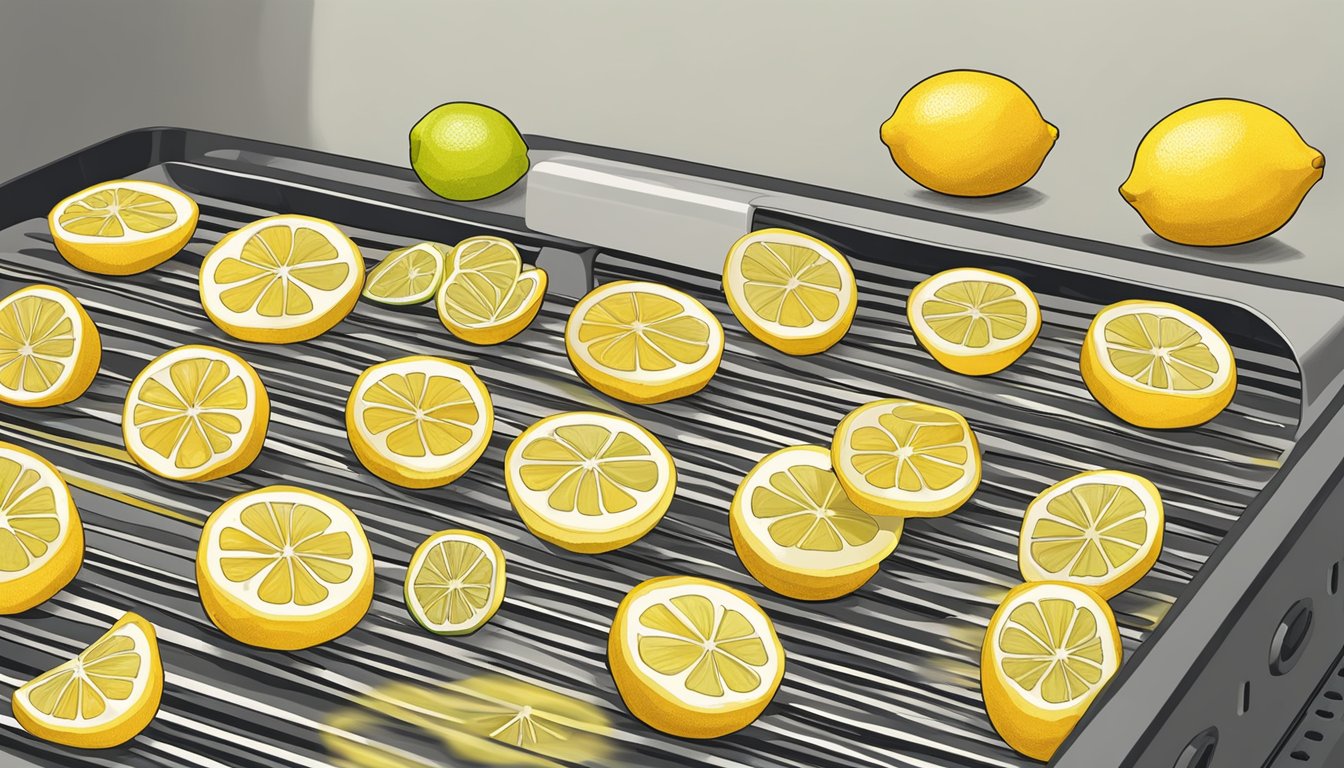 Fresh lemons sliced into thin rounds arranged in a single layer on a dehydrator tray. The dehydrator set to low heat, with warm air circulating around the lemon slices