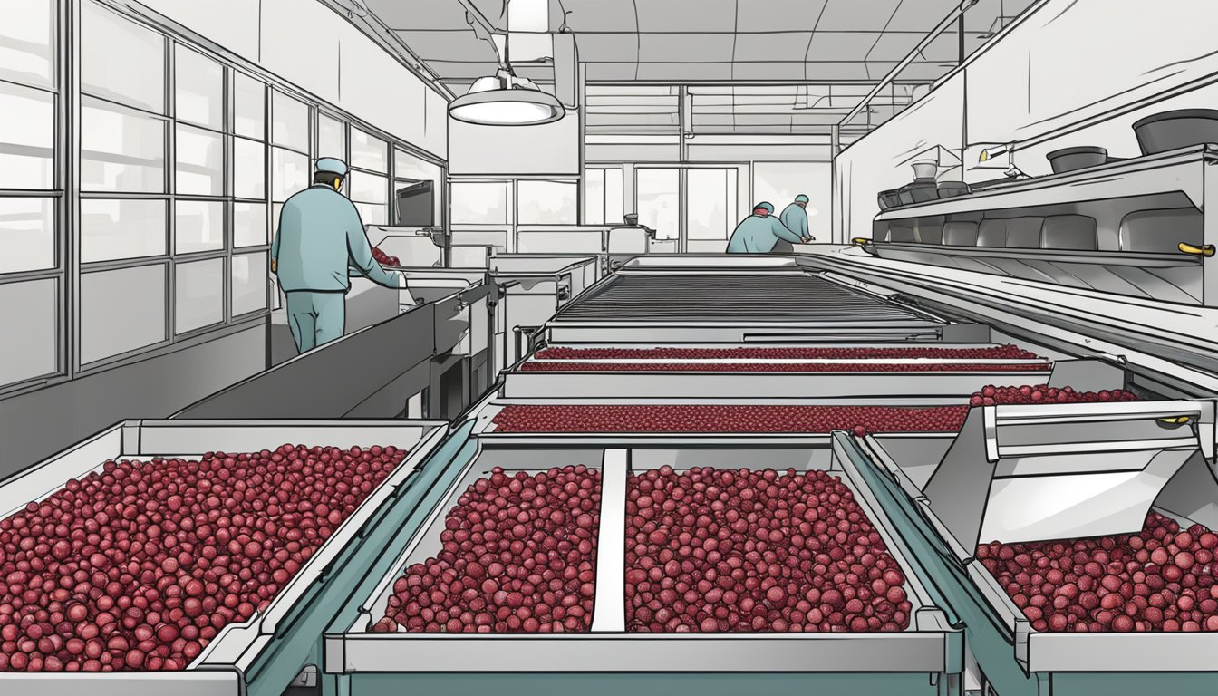 Tart cherries being sorted and placed on dehydrator trays