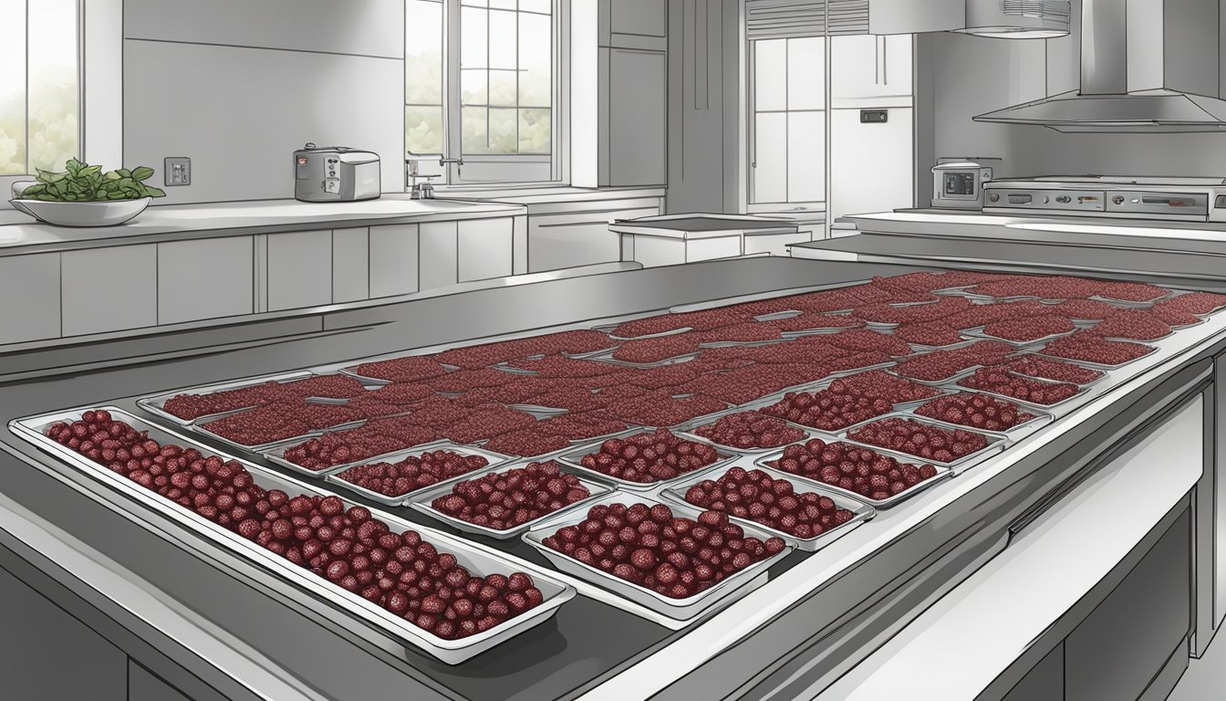 A countertop with a dehydrator filled with trays of freshly washed and pitted tart cherries ready to be dehydrated