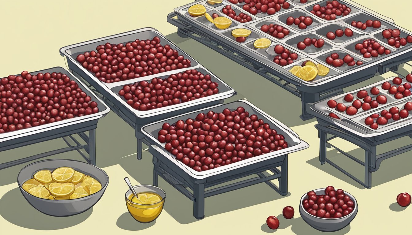 Tart cherries laid out on dehydrator trays, surrounded by bowls of sugar and lemon juice