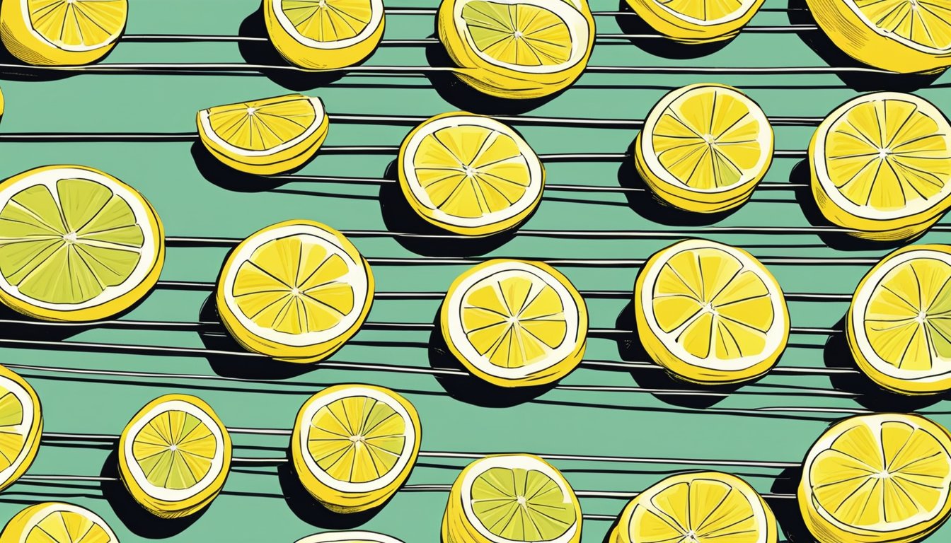 Lemon slices arranged on a wire rack inside an oven, with warm air circulating around them as they dehydrate