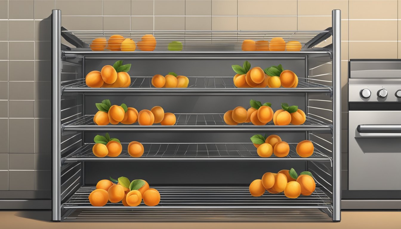 Fresh apricots arranged on wire racks inside a warm oven, with the door slightly ajar to allow for air circulation