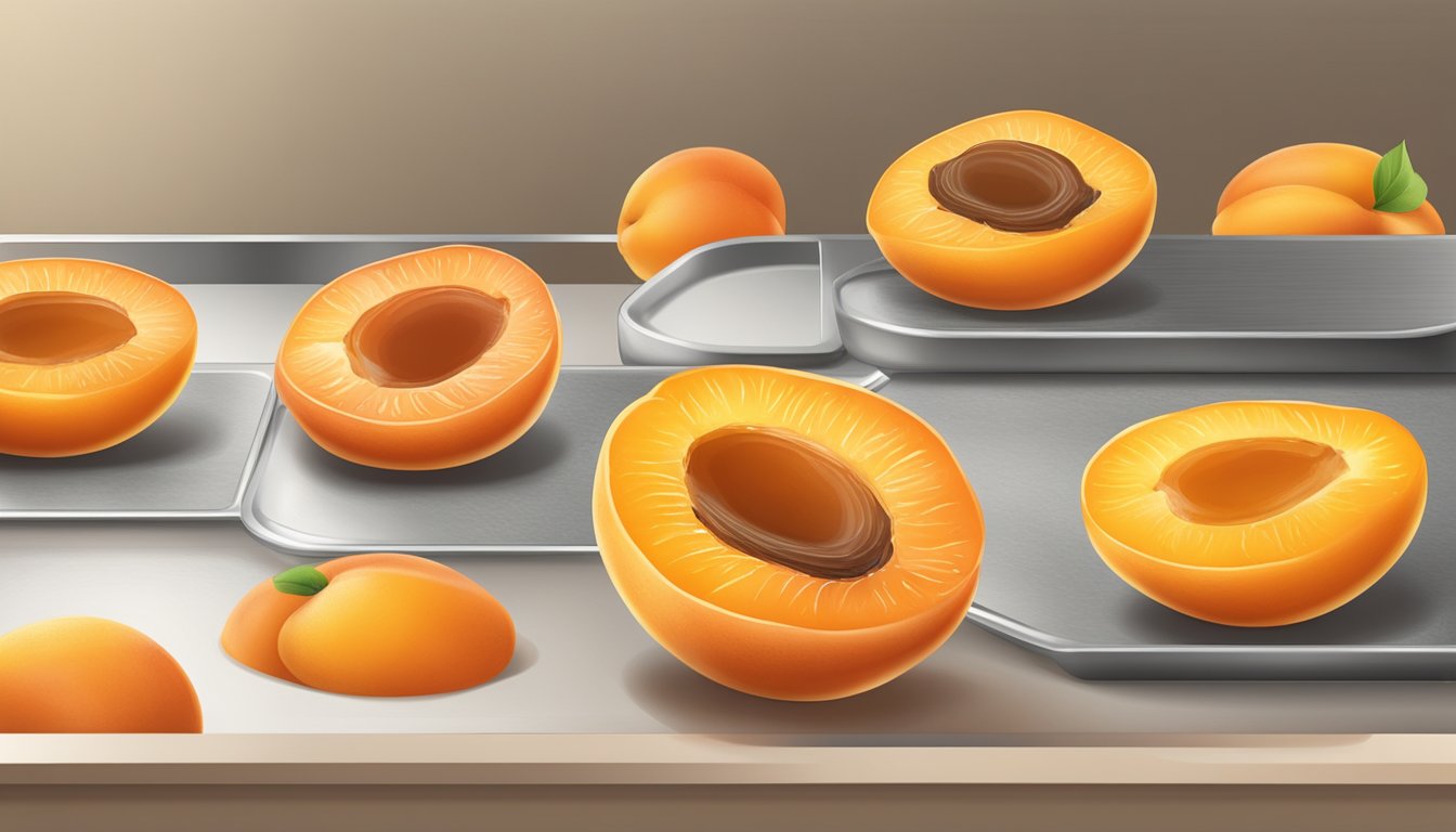 Ripe apricots sliced in half, arranged on a baking sheet, and placed in the oven for dehydration