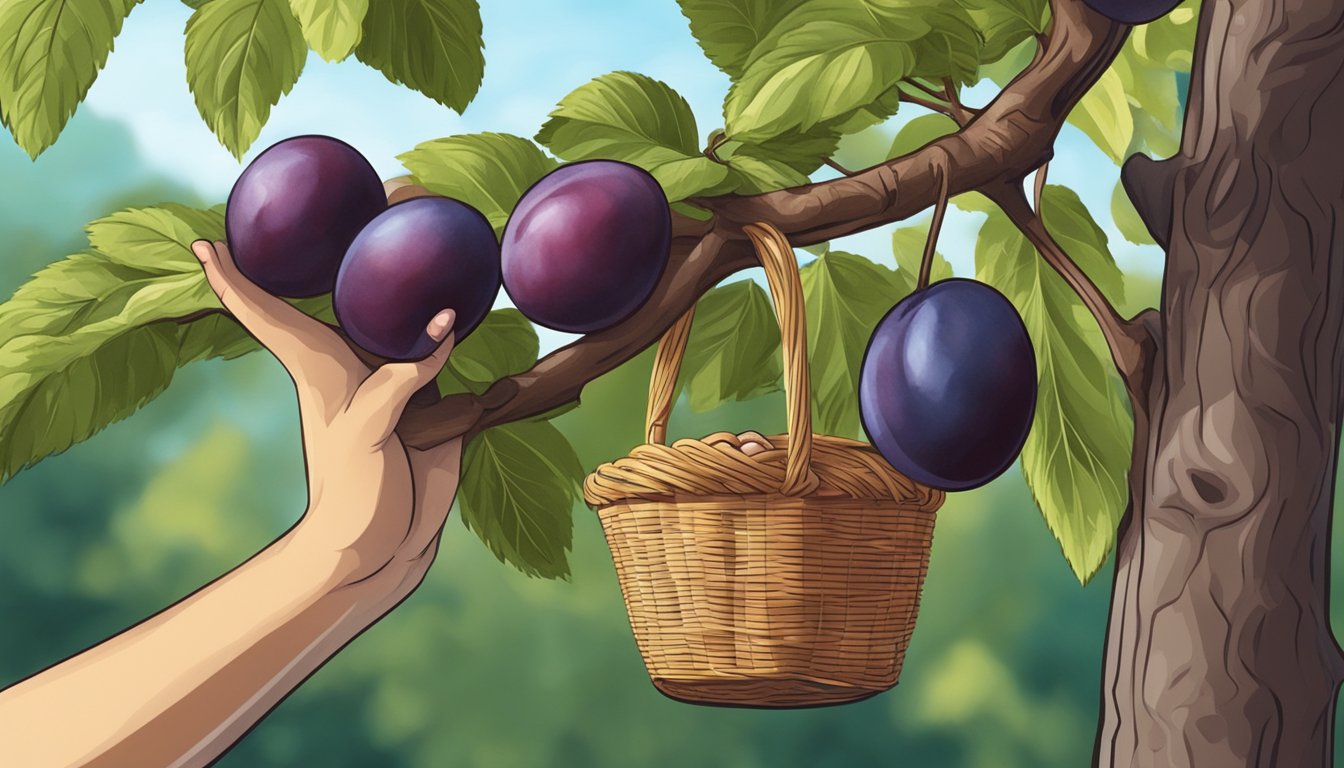 A hand reaching for ripe plums on a tree branch, with a basket at the base