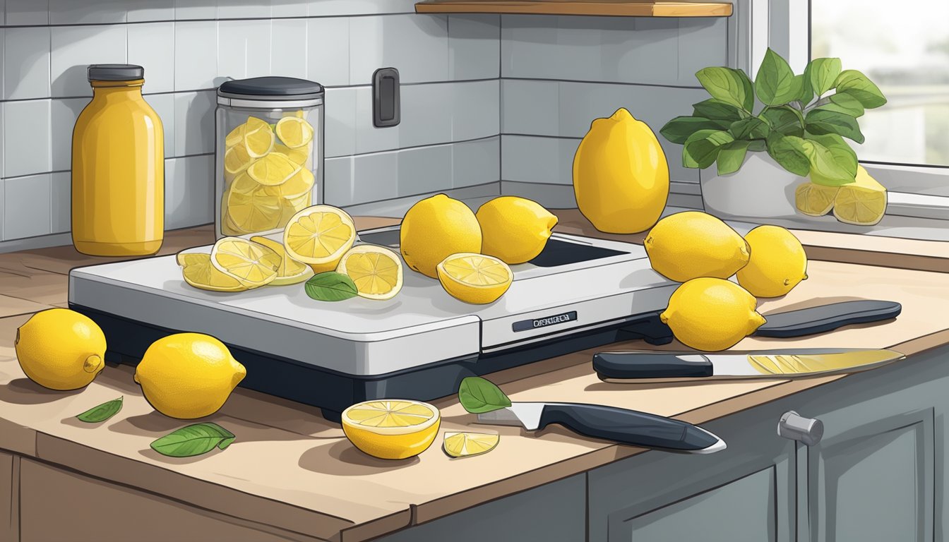 A countertop with a cutting board, knife, and fresh lemons. A dehydrator sits nearby, with trays of sliced lemons inside