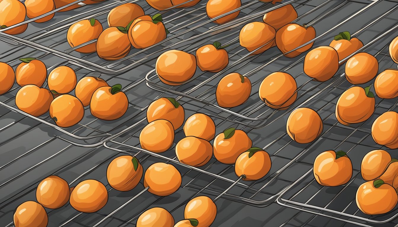 Fresh apricots arranged on wire racks in oven, set to low heat. Timer ticking away as fruit slowly dehydrates