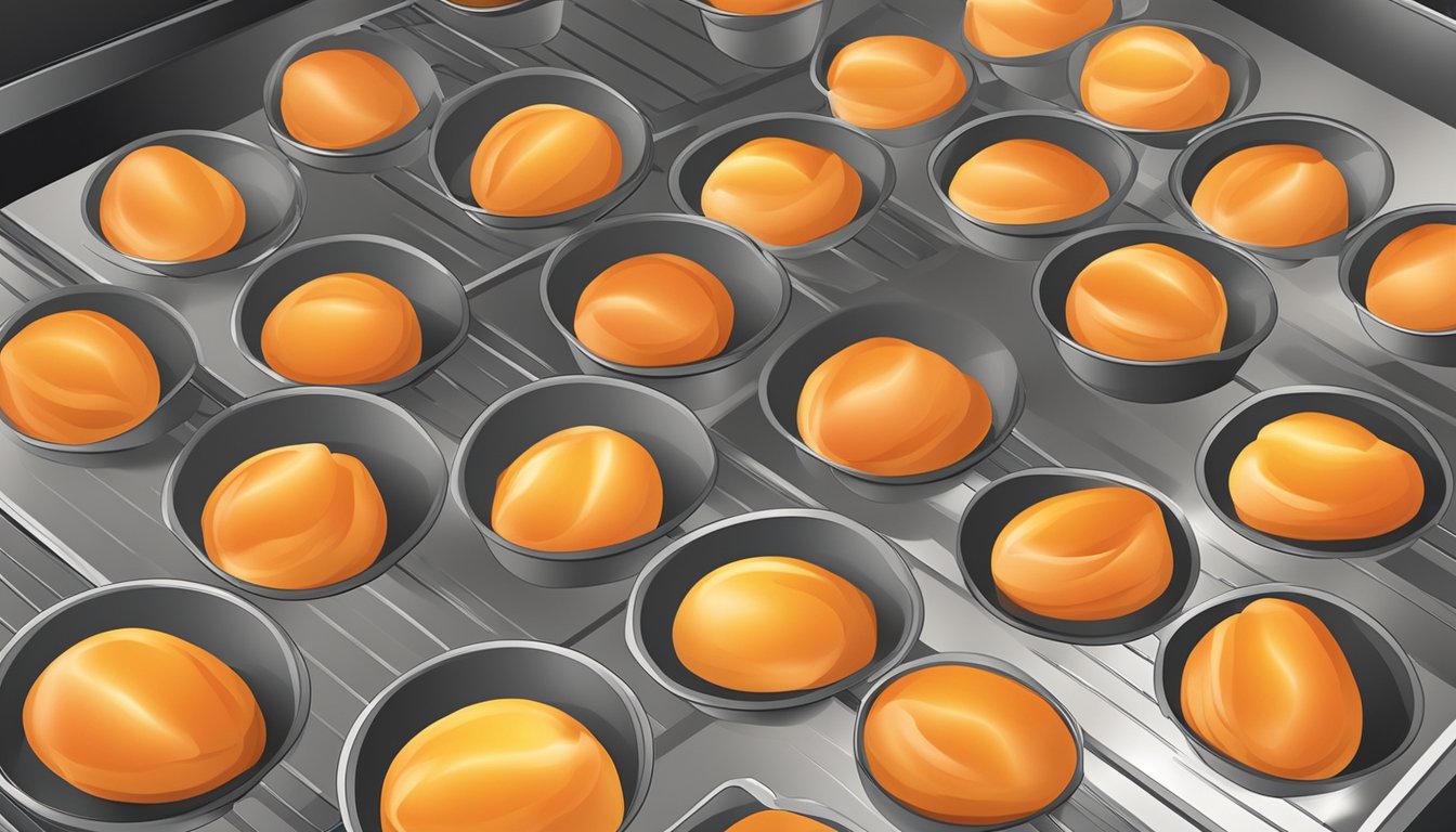 Apricots laid out on baking trays in an oven, heat radiating, with a timer set