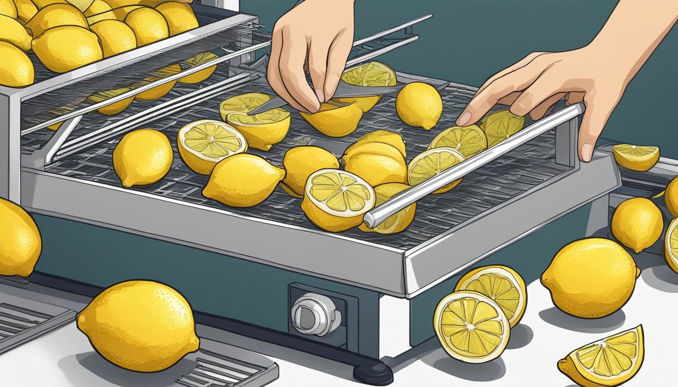 Fresh lemons being sliced and arranged on a dehydrator tray, with the machine set to dry them for preservation