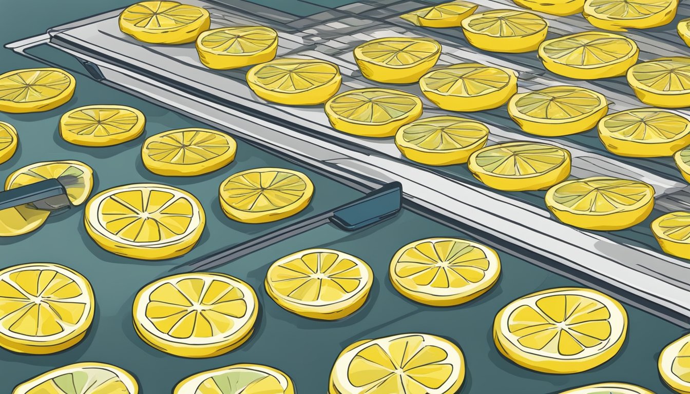 Fresh lemon slices arranged on dehydrator trays, with the machine set to low heat. A timer is visible, indicating the drying process