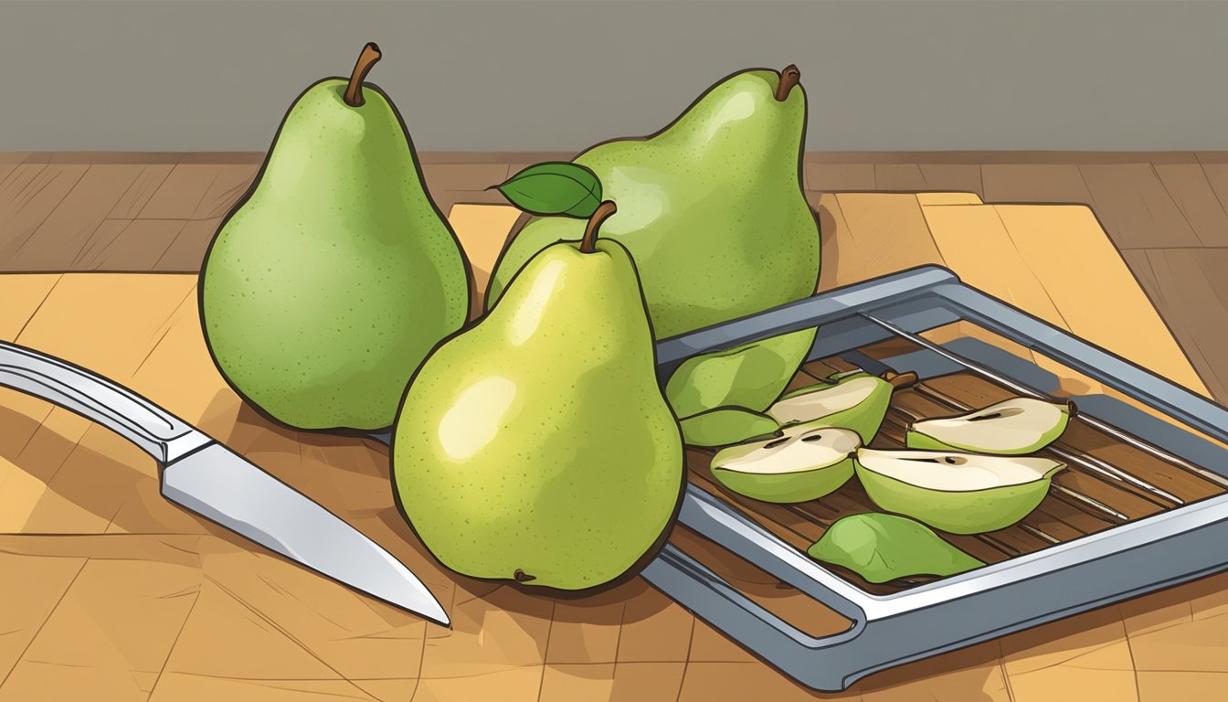 Fresh pears laid out on a cutting board, with a knife and dehydrator nearby