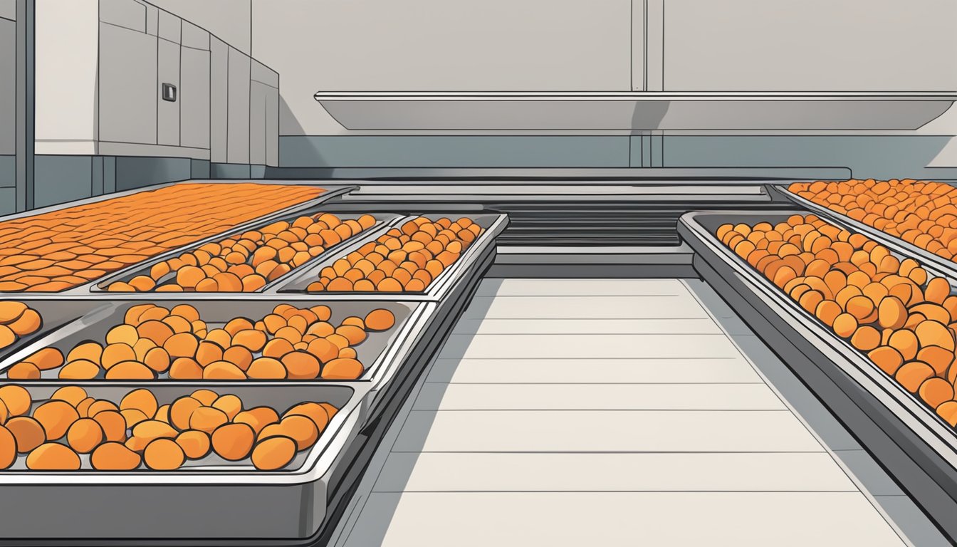 Apricots laid out on dehydrator trays under warm, circulating air