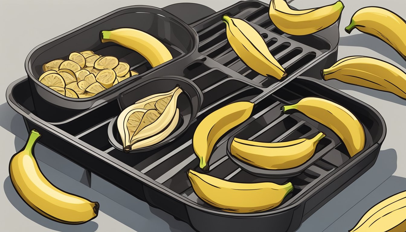 Ripe bananas sliced and arranged on air fryer trays, with the air fryer set to the appropriate temperature and time for dehydration