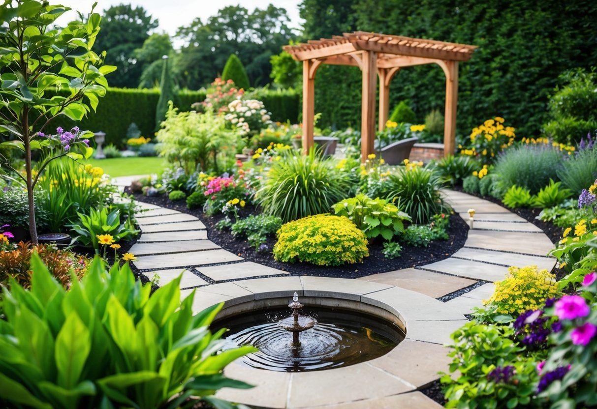a garden with a fountain and plants