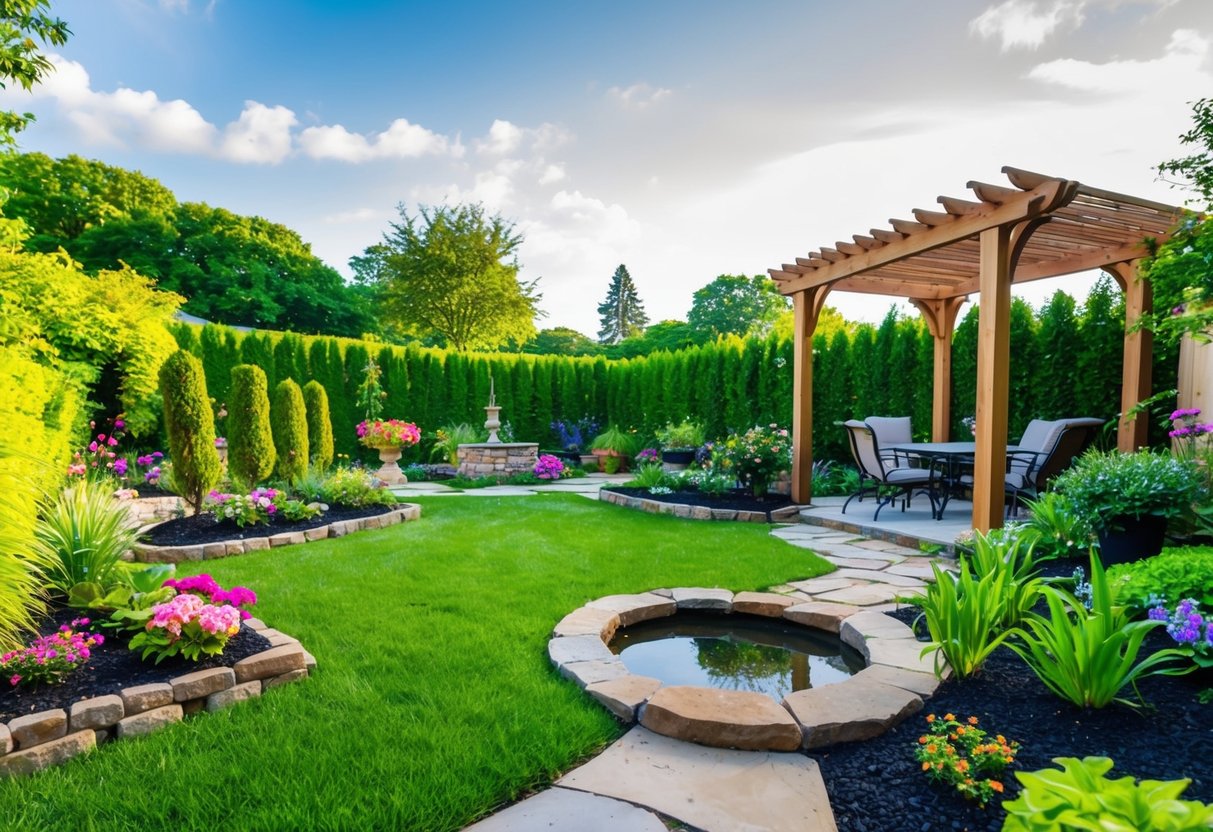 A lush garden with a variety of DIY landscaping projects, including flower beds, a small pond, a stone pathway, and a wooden pergola