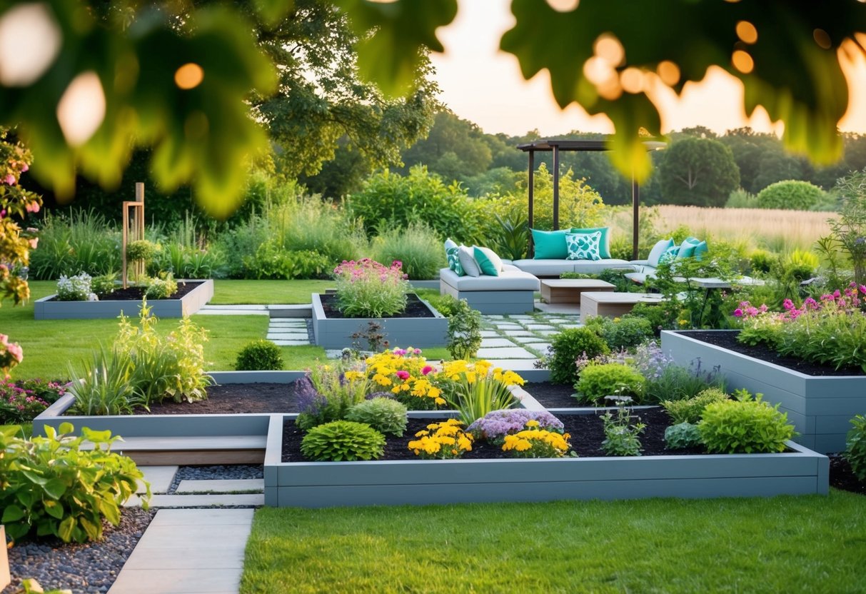 A serene landscape with various DIY landscaping structures such as garden beds, pathways, and seating areas surrounded by lush greenery and colorful flowers