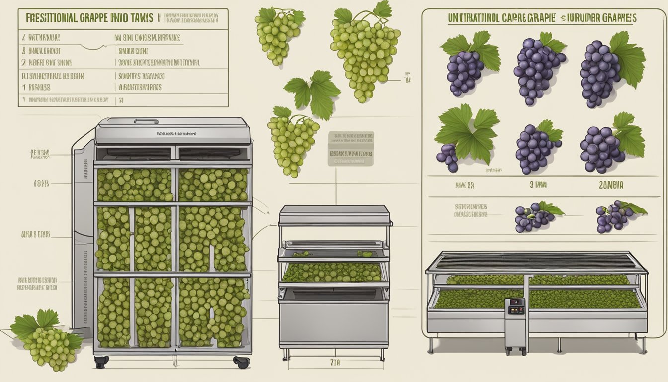 Fresh grapes arranged on dehydrator trays, with instructions and nutritional information displayed nearby