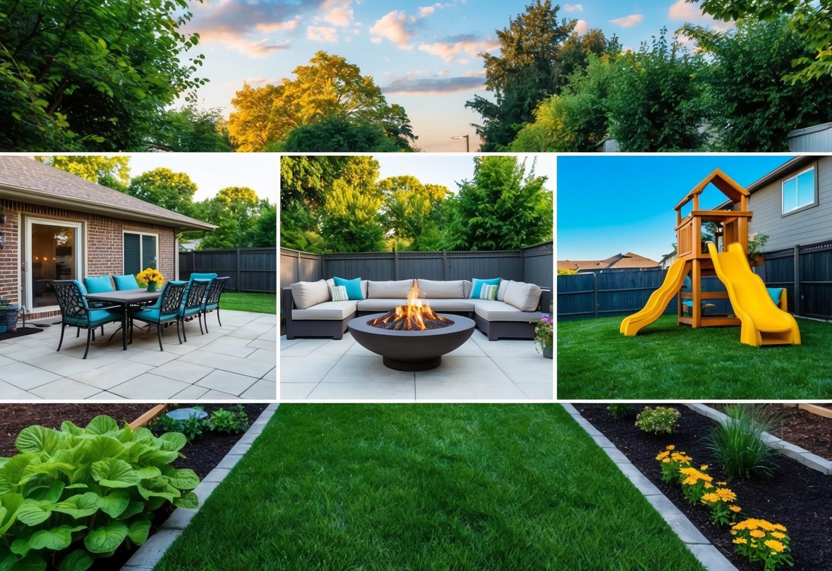 A backyard divided into different functional areas: a patio for dining, a fire pit for gathering, a garden for growing, and a play area for kids