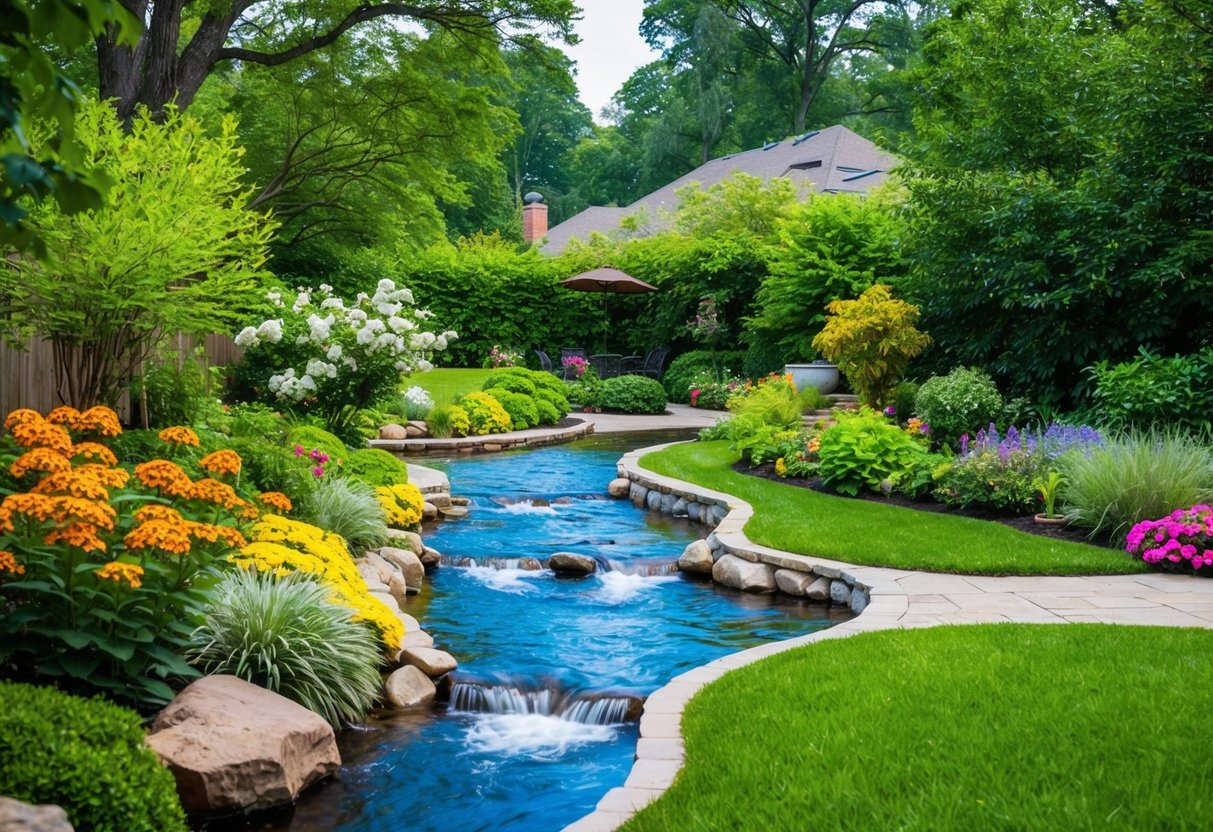 A tranquil backyard with a winding stream, surrounded by lush greenery and colorful flowers, creating a peaceful and inviting landscape