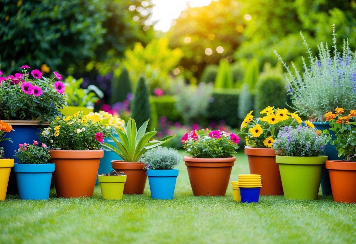 A colorful array of potted plants and flowers arranged around a neatly trimmed lawn, with a small DIY garden project in progress