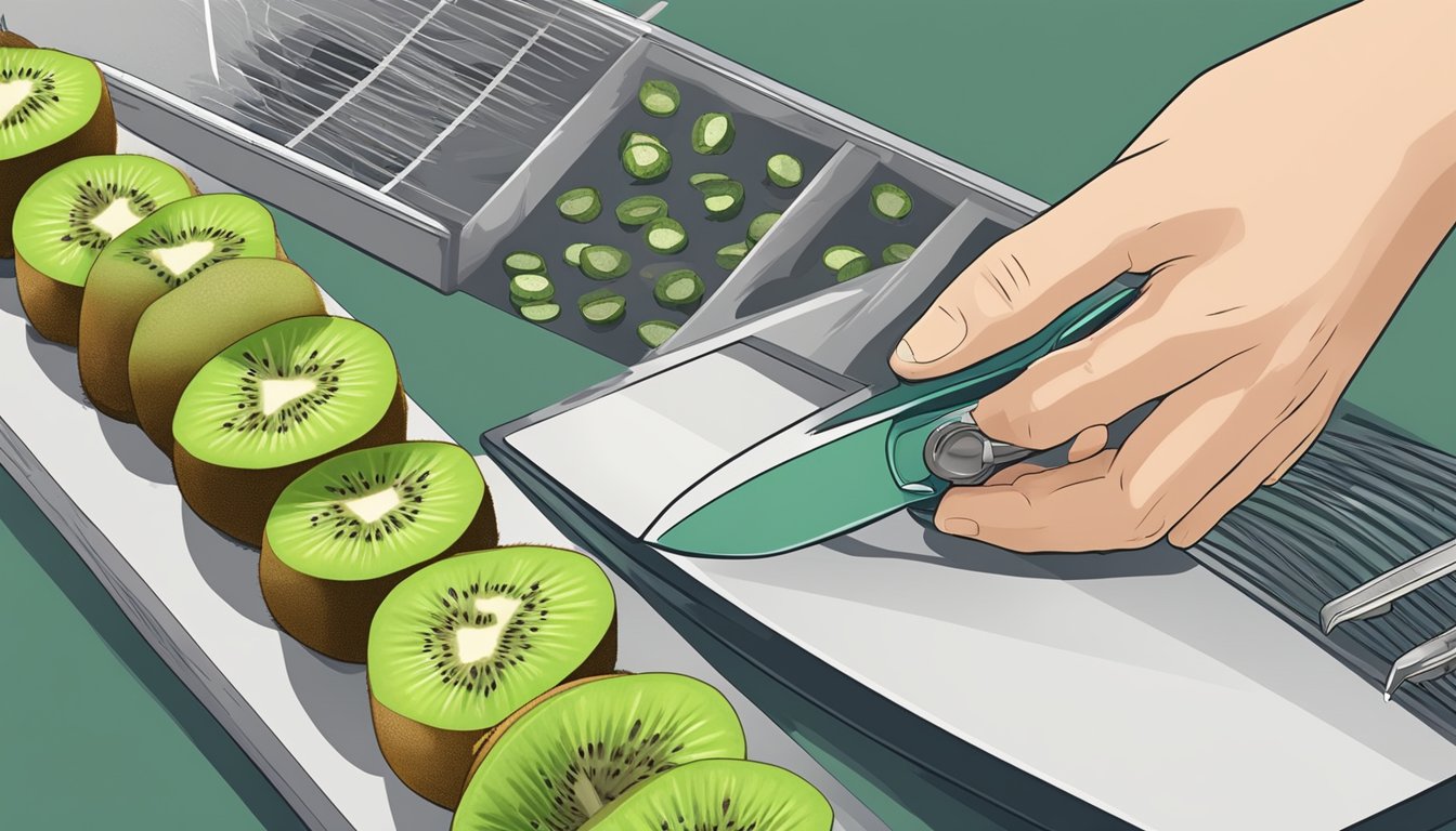 A hand reaching for a ripe kiwi, a knife slicing it into thin rounds, and a dehydrator waiting to transform the fruit into dried snacks