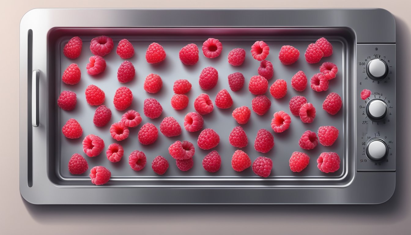 Fresh raspberries spread on a baking sheet, oven door open, heat waves rising, timer set