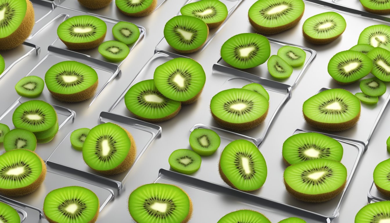 Fresh kiwi slices laid out on dehydrator trays. Heat and airflow remove moisture, preserving the fruit for long-term storage