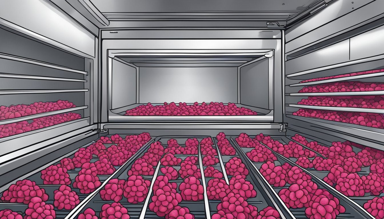 Fresh raspberries arranged on dehydrator trays, set inside a preheated oven, with the door slightly ajar