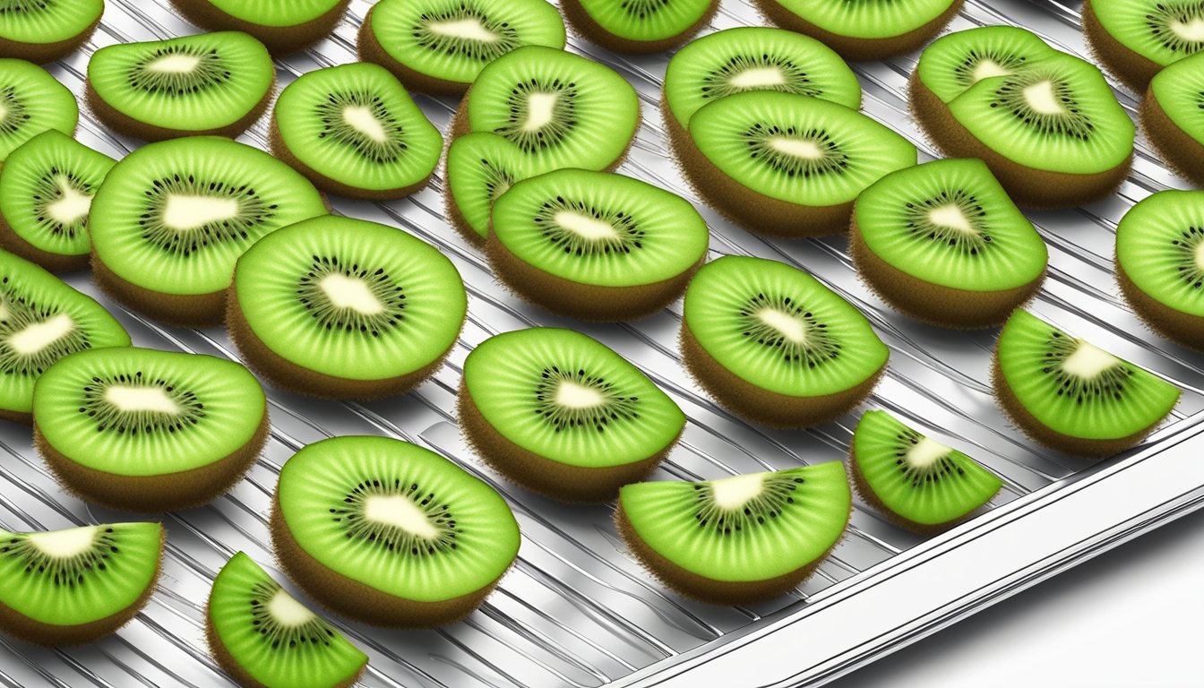 Fresh kiwi slices laid out on a dehydrator tray