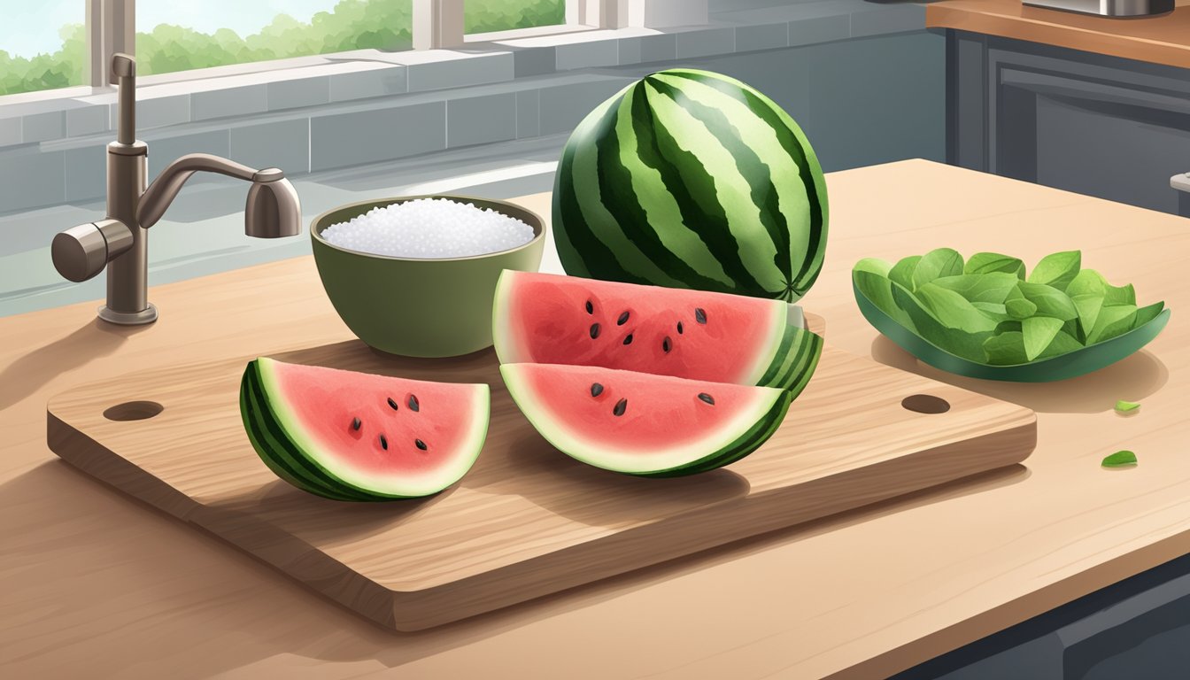 A cutting board with sliced watermelon pieces, a dehydrator, and a bowl of salt on a kitchen counter