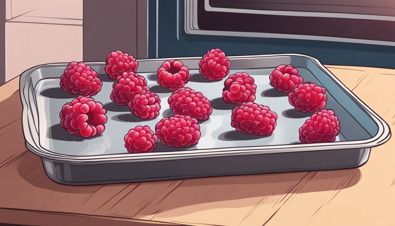 Fresh raspberries spread on a baking sheet, then placed in the oven at a low temperature. After several hours, the dehydrated raspberries are removed and stored in an airtight container