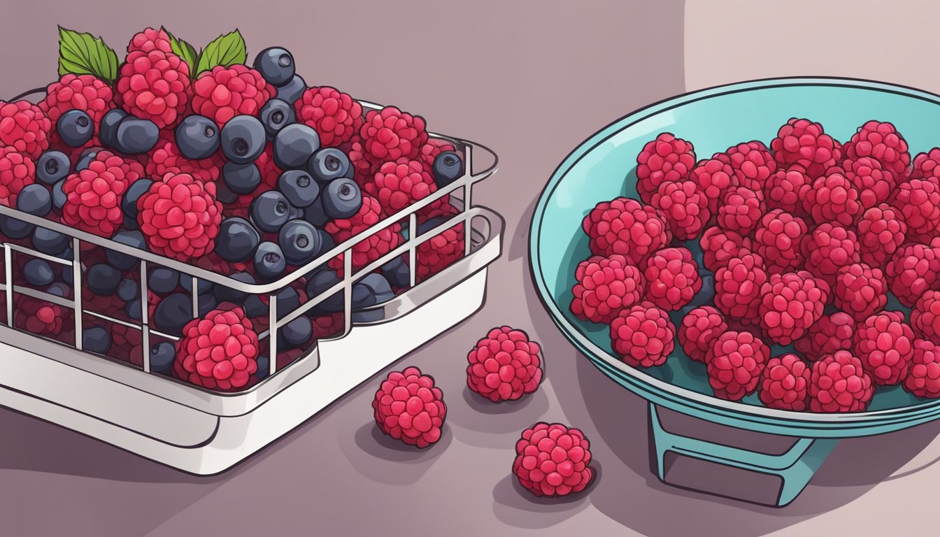 Fresh raspberries arranged on a dehydrator tray, with a bowl of additional berries nearby